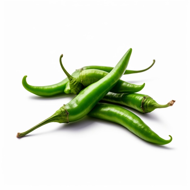 A bunch of green chili peppers on a white background