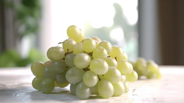 A bunch of green grapes on the table generative ai