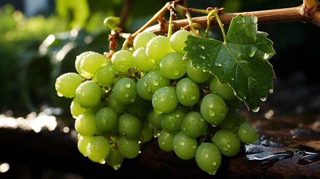 A bunch of green grapes on a tree with water drop