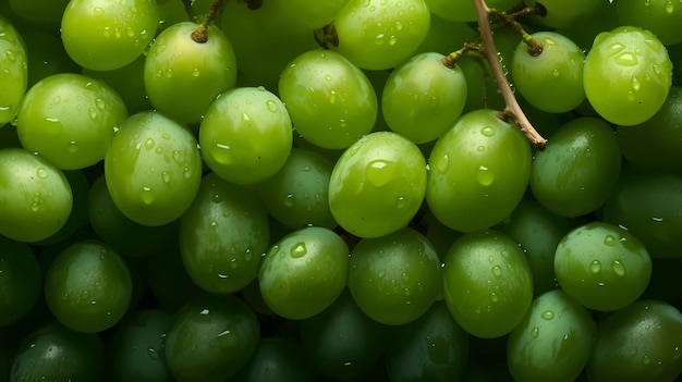 A bunch of green grapes with rain drops on them