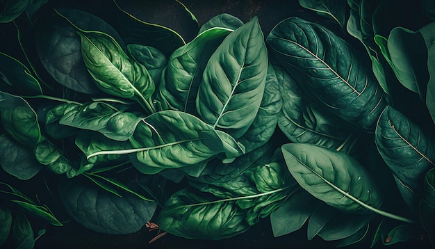 Photo a bunch of green leaves on a black table