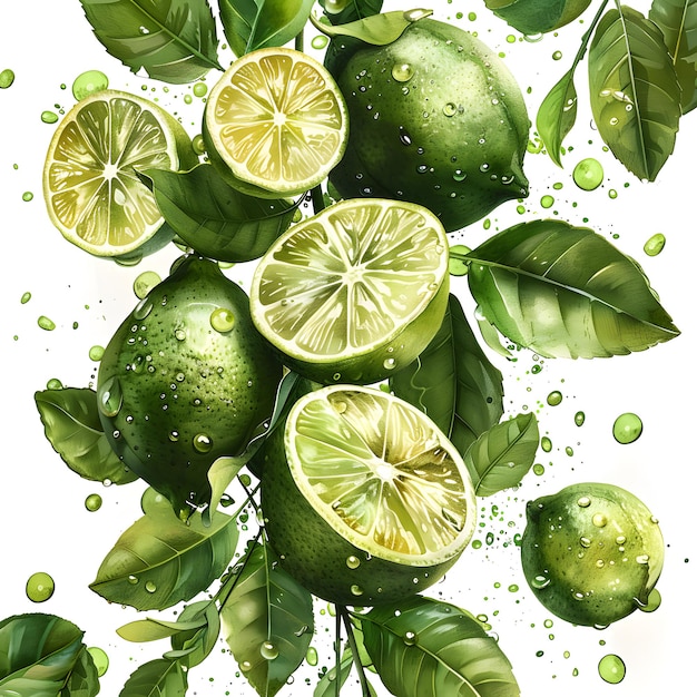 A bunch of green lemons with leaves on a white background