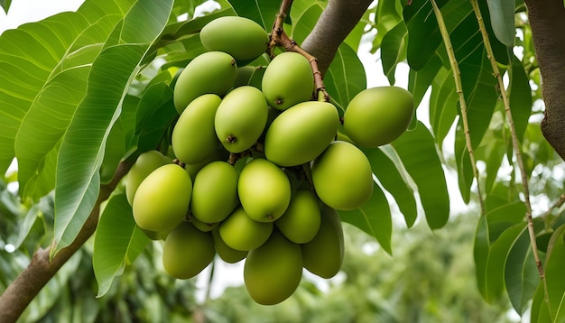 a bunch of green mangoes are hanging from a tree