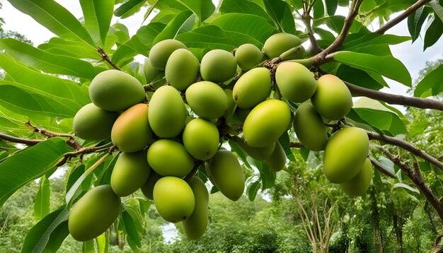a bunch of green mangoes are hanging from a tree
