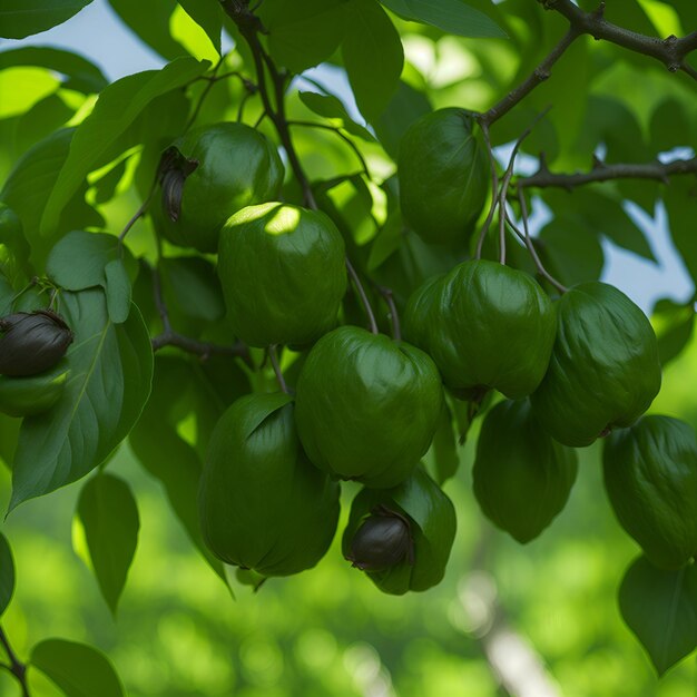 A bunch of green mangoes are hanging from a tree.