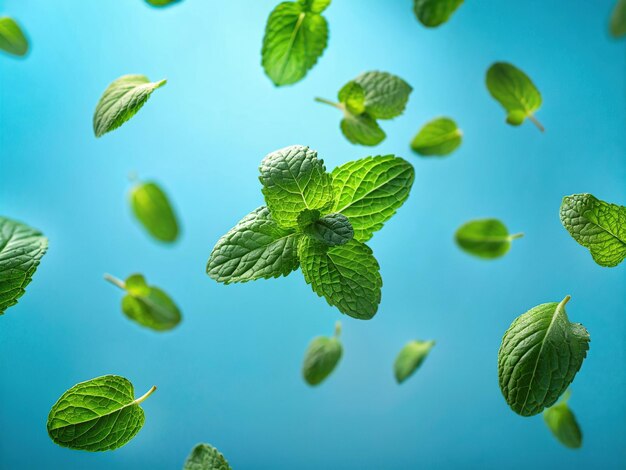 Photo a bunch of green mint leaves floating in the air