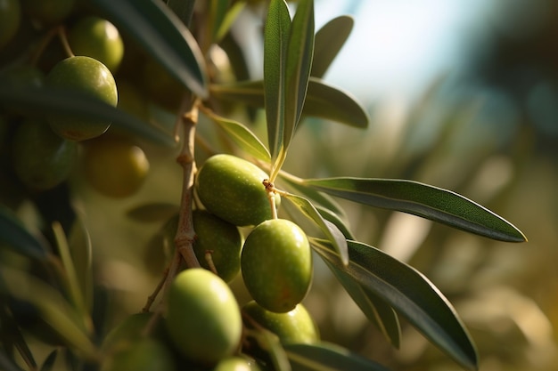 A bunch of green olives on a tree