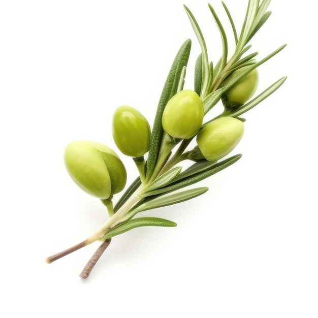 A bunch of green olives with leaves on them