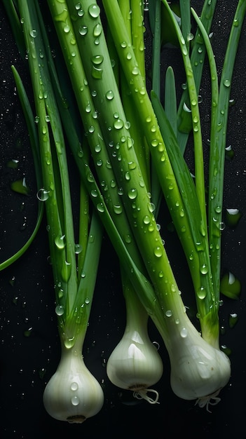 A bunch of green onions with water droplets on them