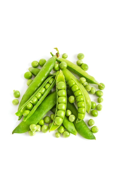 Bunch of green pea pods with individual peas isolated on white background