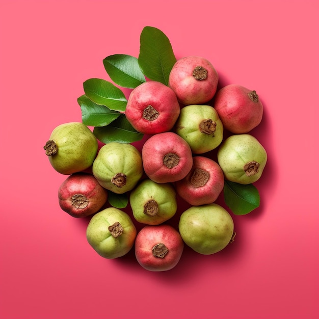 a bunch of green and red apples with leaves on top of them.