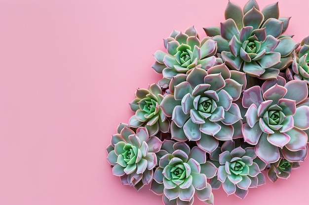 A bunch of green succulents are arranged in a circle on a pink background