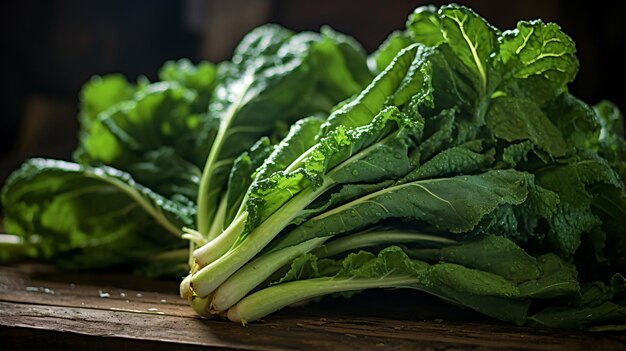 a bunch of green vegetables sitting on top of a wooden table