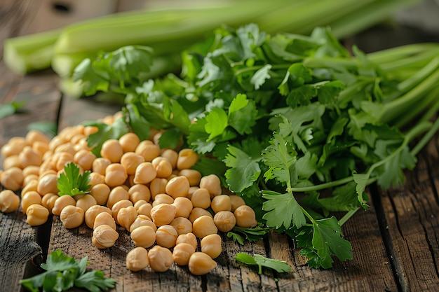 A bunch of green vegetables on a wooden table with some chickpeas and celery on the side