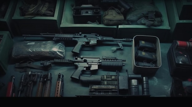 A bunch of guns are on a table with a bag of guns.