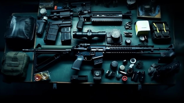 Photo a bunch of guns are on a table with one that says'gun '