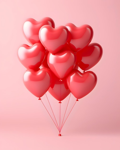 Foto un gruppo di palloncini a forma di cuore isolati su uno sfondo di colore solido tema del giorno di san valentino