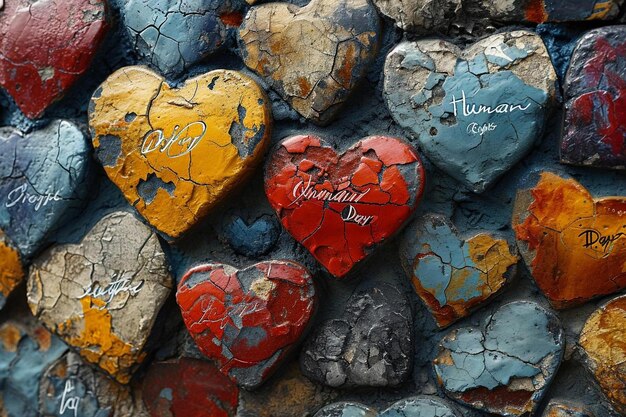 Photo a bunch of heart shaped rocks with writing on them