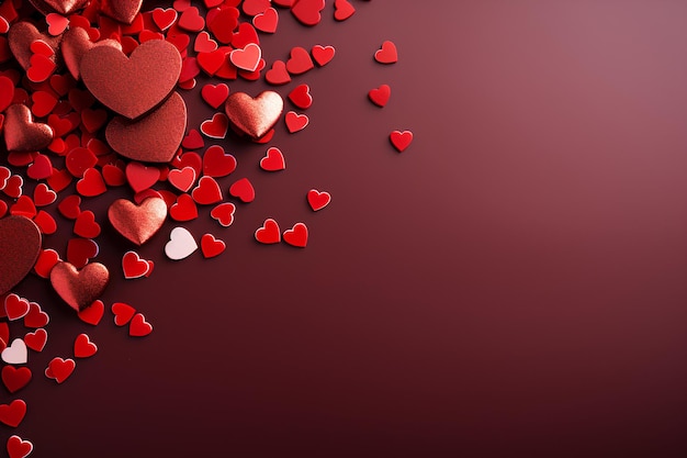 A bunch of hearts are scattered on a red background with a red background and a red background with