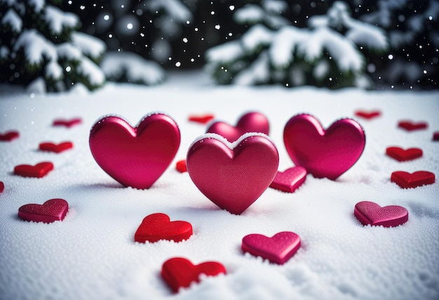 a bunch of hearts are on the snow and the word love is on the snow