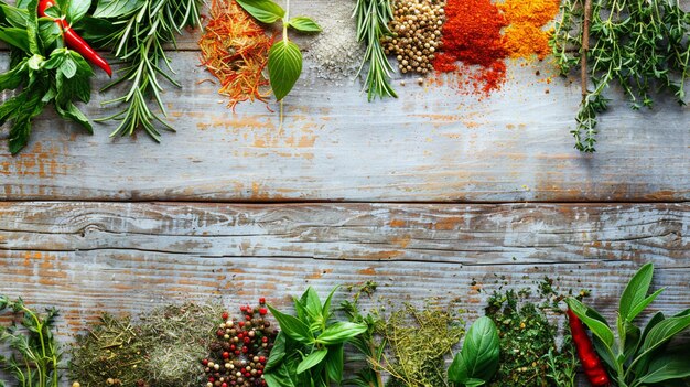 Photo a bunch of herbs on a wooden table generative ai