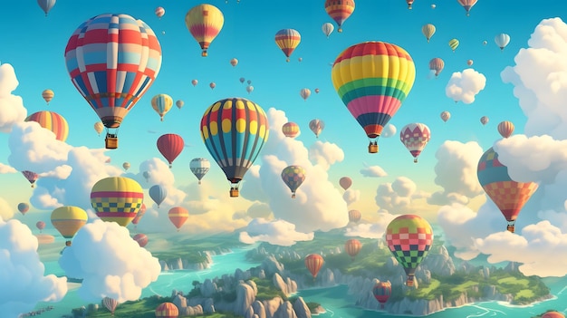 Bunch of hot air balloons flying in the sky above mountain range Generative AI