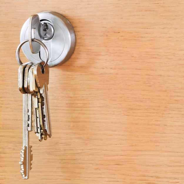 Bunch of house keys in lock of wooden door