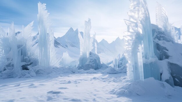 A bunch of ice formations in the snow