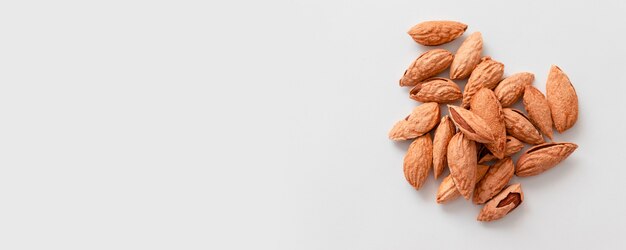 A bunch of inshell almonds with copy space on a gray background. Proper nutrition balance