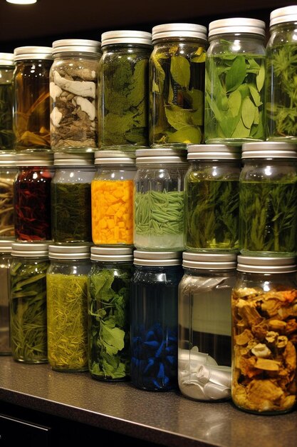 a bunch of jars filled with different types of food