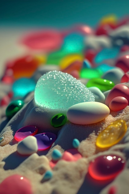 Bunch of jellys sitting on top of a sandy beach generative ai