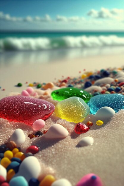 Bunch of jellys sitting on top of a sandy beach generative ai