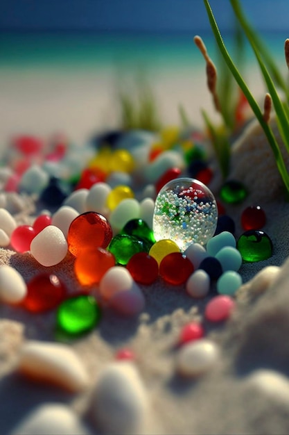 Mazzo di gelatine che si siedono in cima a un'ai generativa della spiaggia sabbiosa