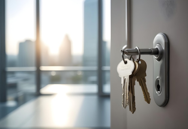 Photo a bunch of keys are on a door with a key that says  key