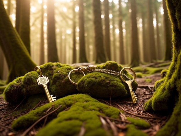 A bunch of keys are laying on a mossy forest floor.