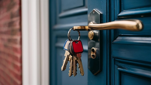 A bunch of keys inserted into the lock of a door with a handle