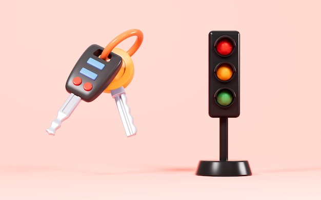 A bunch of keys and traffic sign light in the background 3d rendering