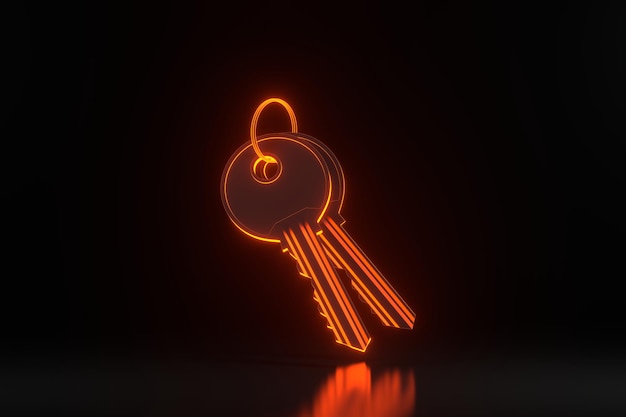 Bunch of keys with ring with bright glowing futuristic orange neon lights on black background 3D