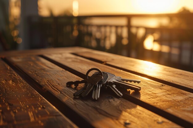 Photo bunch of keys on wooden table