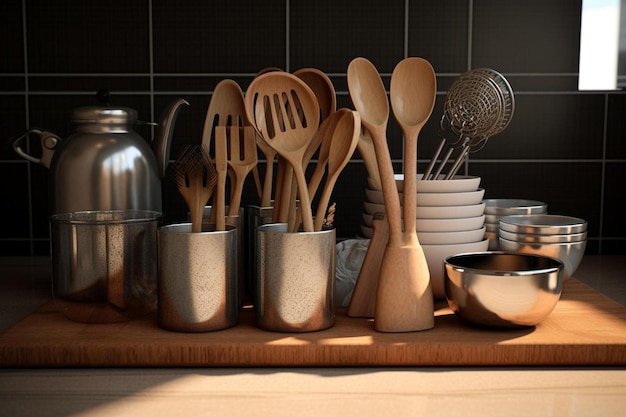 Photo a bunch of kitchen utensils are on a counter.