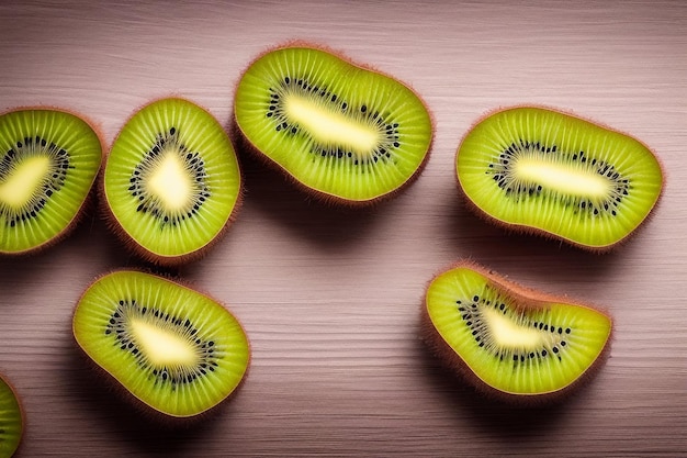 A bunch of kiwi fruit with the seeds cut in half