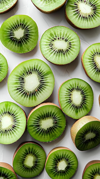 A bunch of kiwi slices cut in half on a white surface with a white background and a white