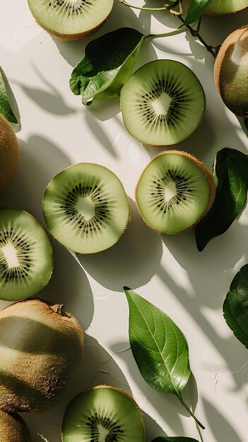 A bunch of kiwis cut in half on a table with leaves and a knife next to them green aestheticism