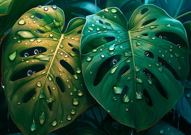 A bunch of leaves with water drops on them AI generated AI generative