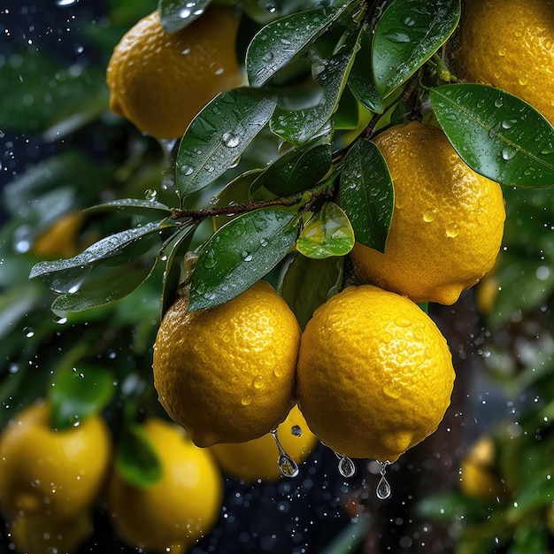 A bunch of lemons hanging from a tree with rain drops on it