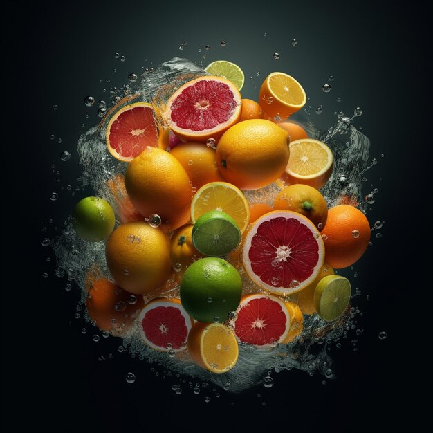 a bunch of lemons and oranges are shown with water drops