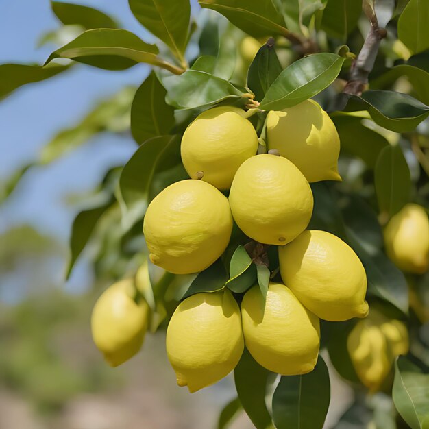 Photo a bunch of lemons on a tree with a blue sky in the background