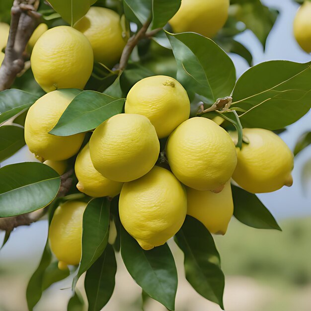 Photo a bunch of lemons on a tree with green leaves