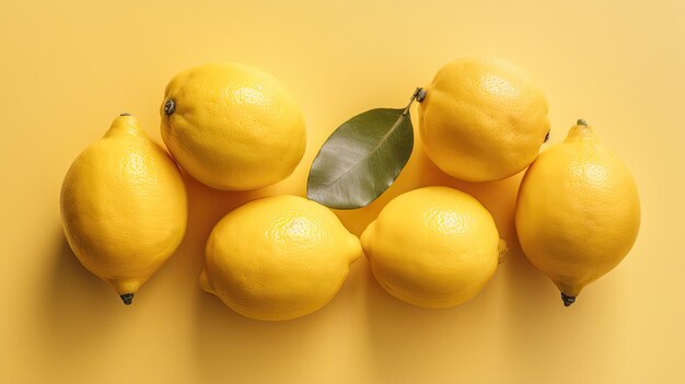 A bunch of lemons with a green leaf on top