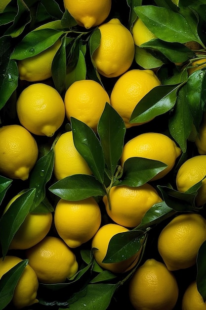 A bunch of lemons with green leaves on them